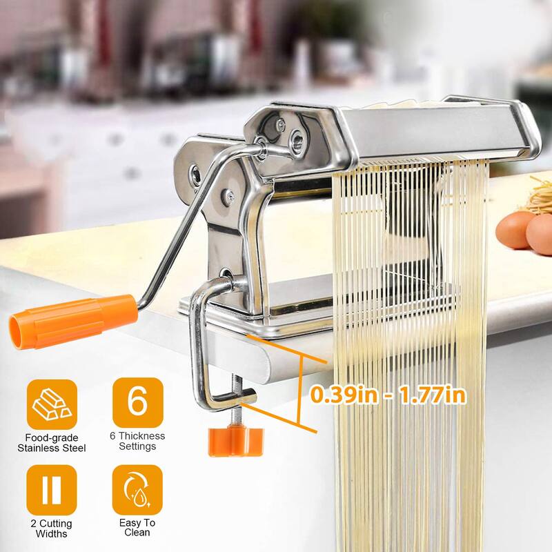 Silver Stainless Steel Pasta Maker Machine with 9 Thickness Settings and Hand Crank - 8.27x7.87x5.12in