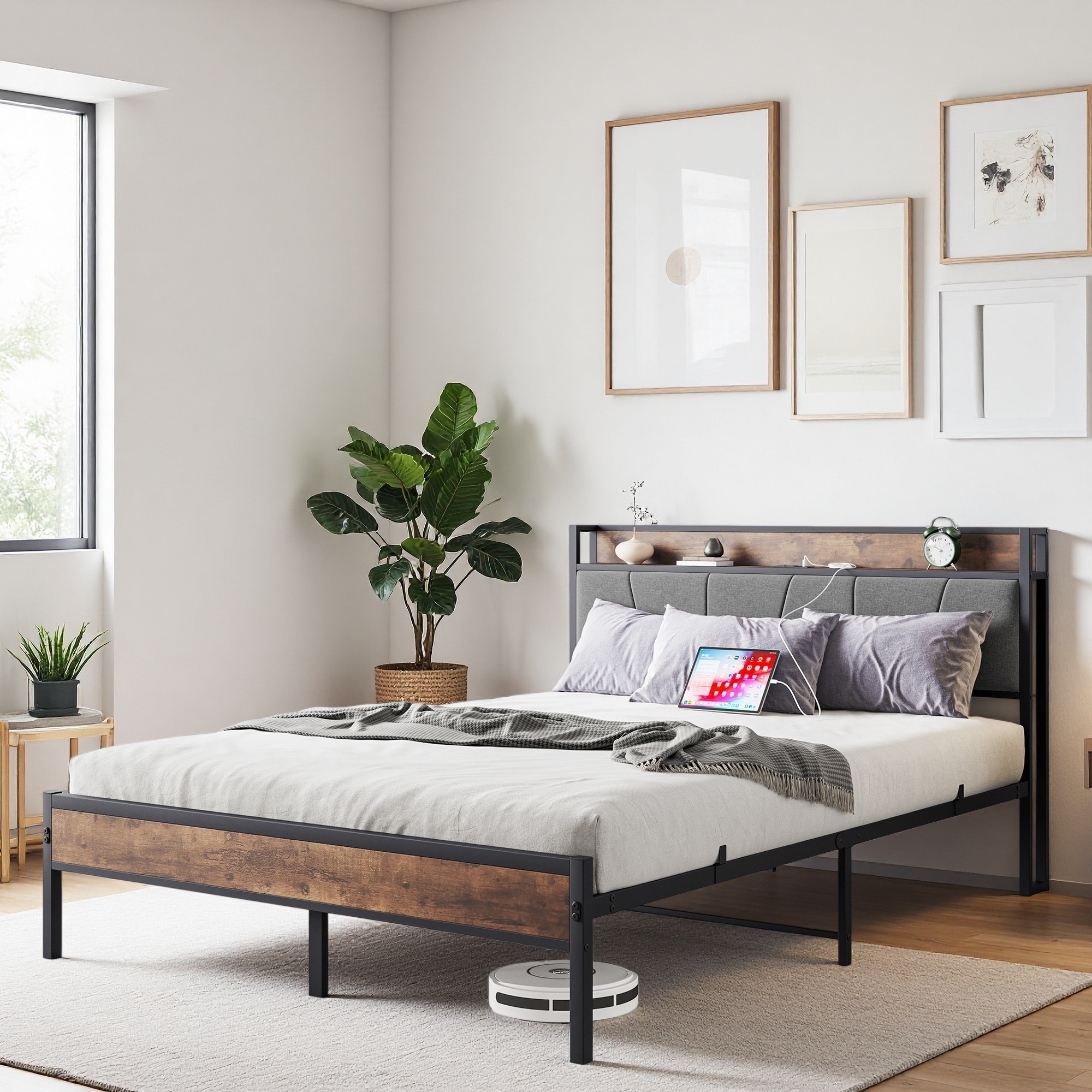 Wood Platform Bed Frame with Storage Headboard, Charging Station, and No Box Spring Needed