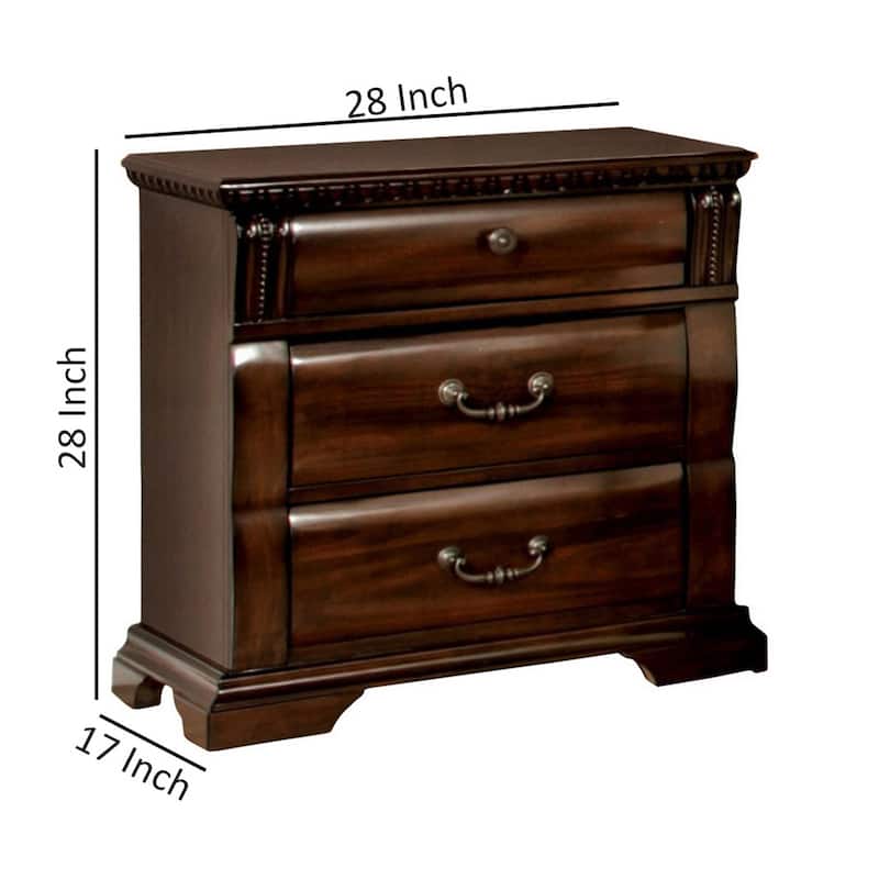 3 Drawer Wooden Nightstand with Metal Handles and Carved Details, Brown