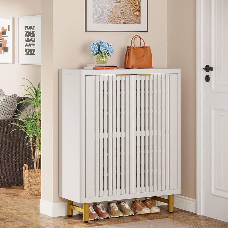 6-Tier Shoe Cabinet with Shutter Doors Adjustable Shelves Wooden Storage Cabinet for Entryway/Hallway/Closet/Living Room - White