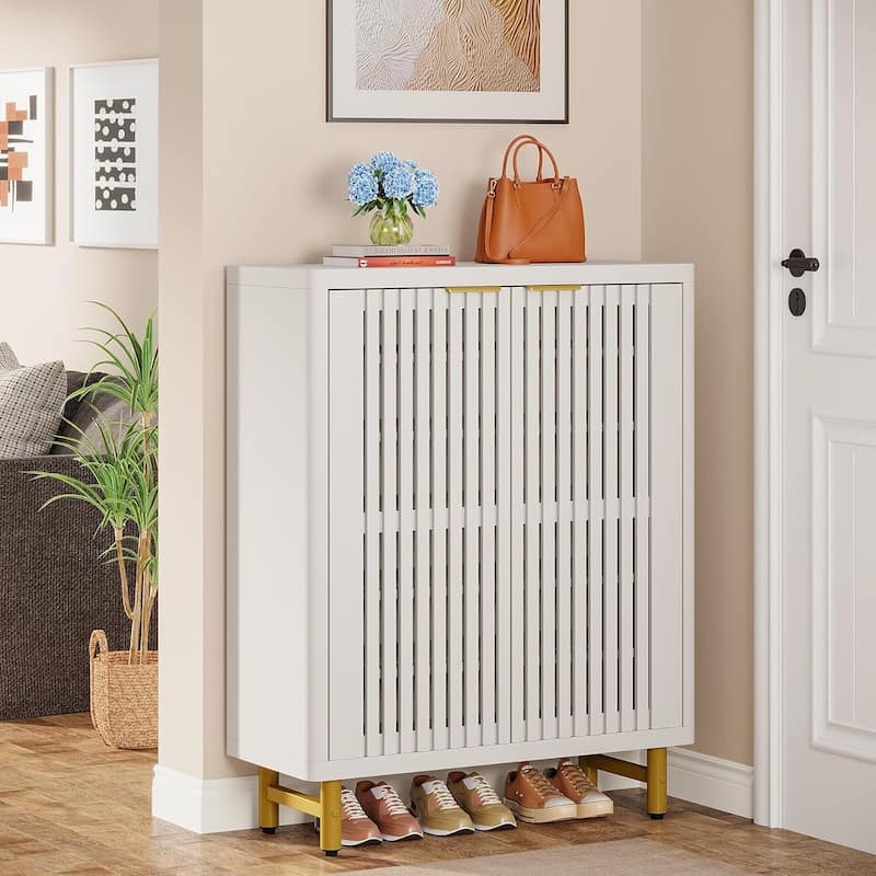 Wooden Shoe Cabinet with Shutter Doors, Adjustable Shelves Large Hidden Storage Organizer Rack for Entryway Hallway