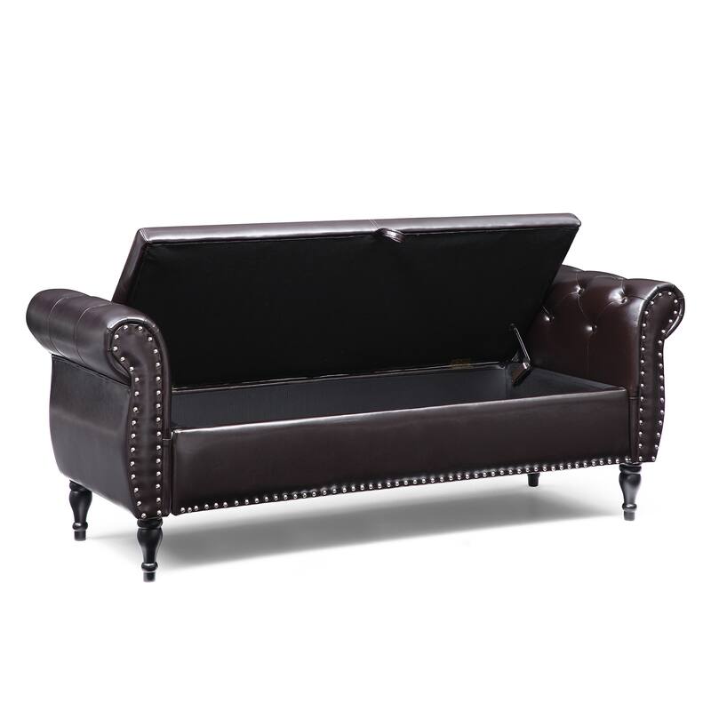 63" PU Upholstered End of Bed Bench Flip Top Entryway Ottoman with Safety Hinge Storage Rectangular Sofa Stool Buttons