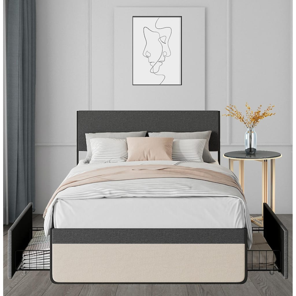 Upholstered Platform Bed Frame with 2 Storage Drawers
