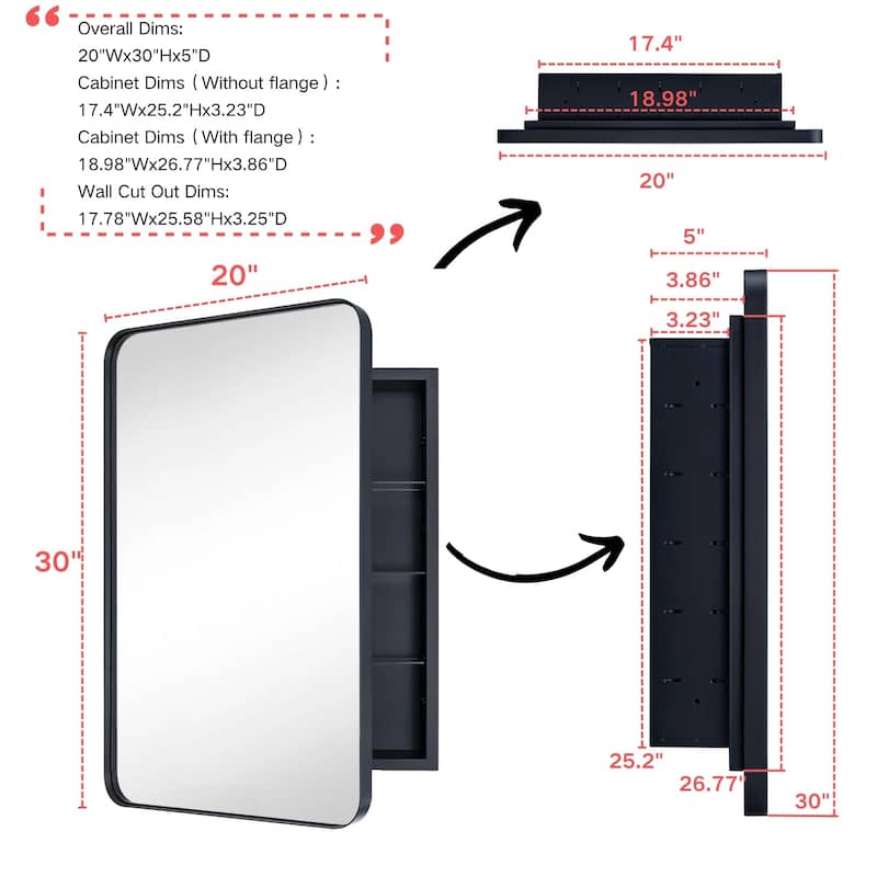 TEHOME WH Recessed Framed Medicine Cabinet with Mirror and Adjustable Shelves