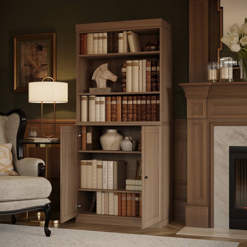 Palace Imports Premium 100% Solid European Oak Hardwood 6-Shelf Modular Bookcase with Bottom Shaker Doors - 32" Wide, 71.5" Tall