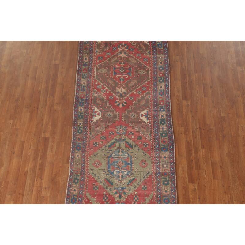 Geometric Tabriz Persian Vintage Runner Rug Handmade Wool Carpet - 3'7"x 11'3"