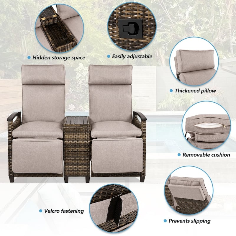 Patio Lounge Chair Set with Acacia Wood Armrests and Built-in Storage Table for Balcony