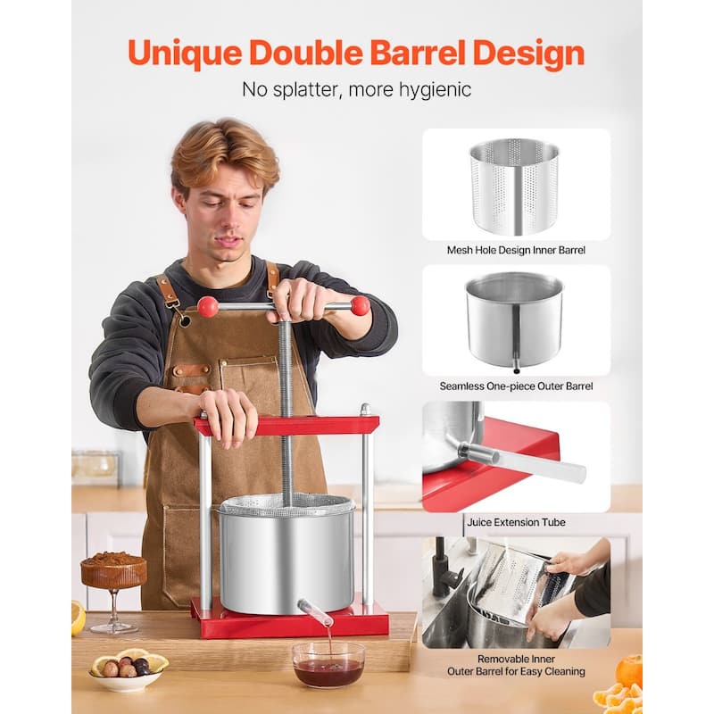 1.6 Gal Manual Fruit Press with Stainless Steel Plate Juicer for Wine Puree or Olive Oil - 300x242x435 mm
