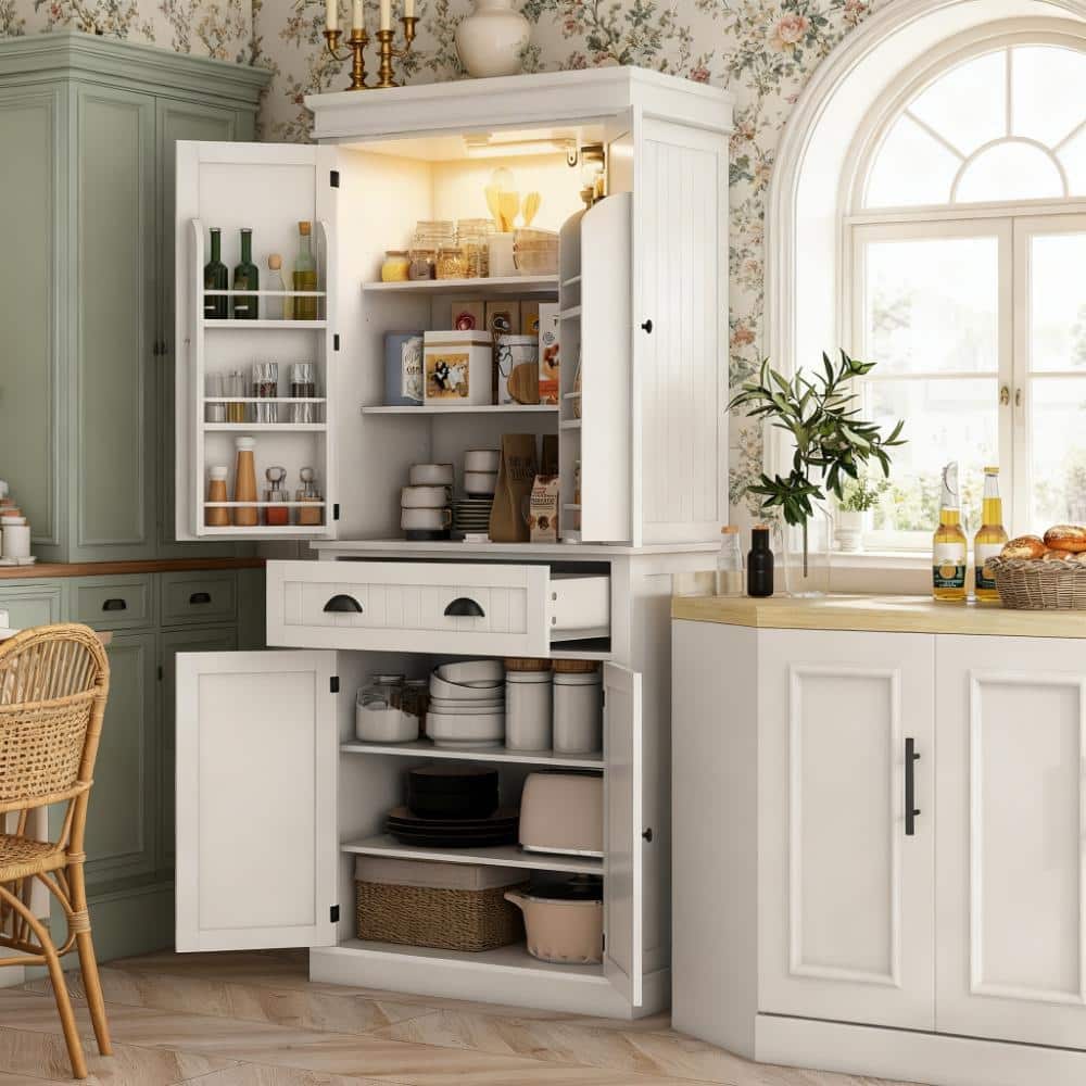 Nordic Style Kitchen Pantry with LED Lights, 6 Door Shelves, Drawer & 4 Adjustable Shelves