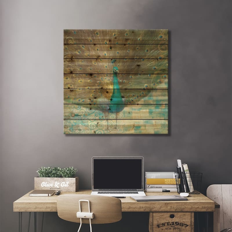 Teal Peacock on Gold Print On Wood by Danhui Nai - Multi-Color