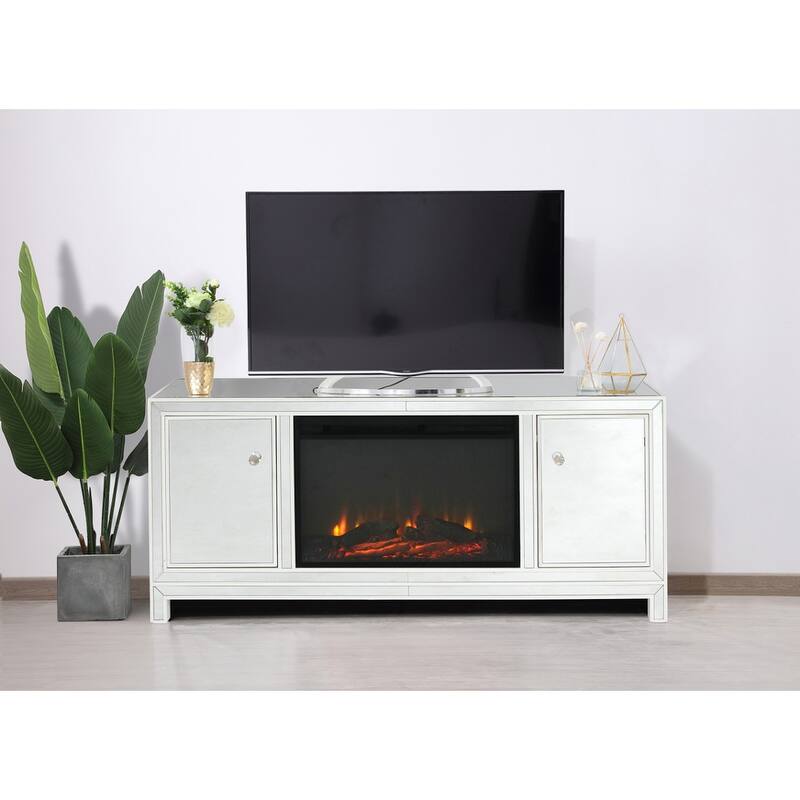 Indigo Home 60" White Mirrored TV Stand with Wood Fireplace - White