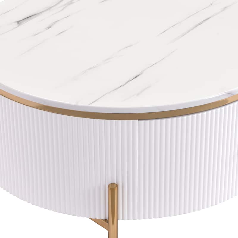 Wood Coffee Table with Storage Drawer, Modern Cocktail Table with Faux Marble Top for Living Room Small Space