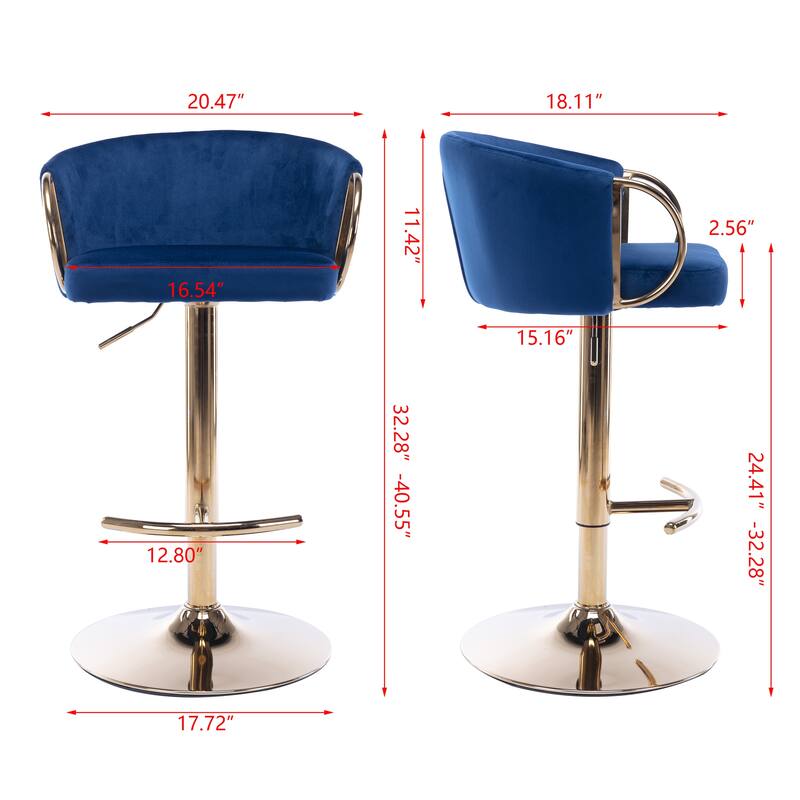 2 Velvet Bar Stools with Chrome Footrest and Base Swivel Height Adjustable - N/A