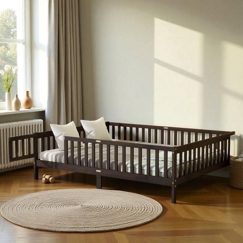 Queen Size Rubber Wood Floor Bed with Fence and Door, Montessori Platform Bed with Safety Guardrails for Kids
