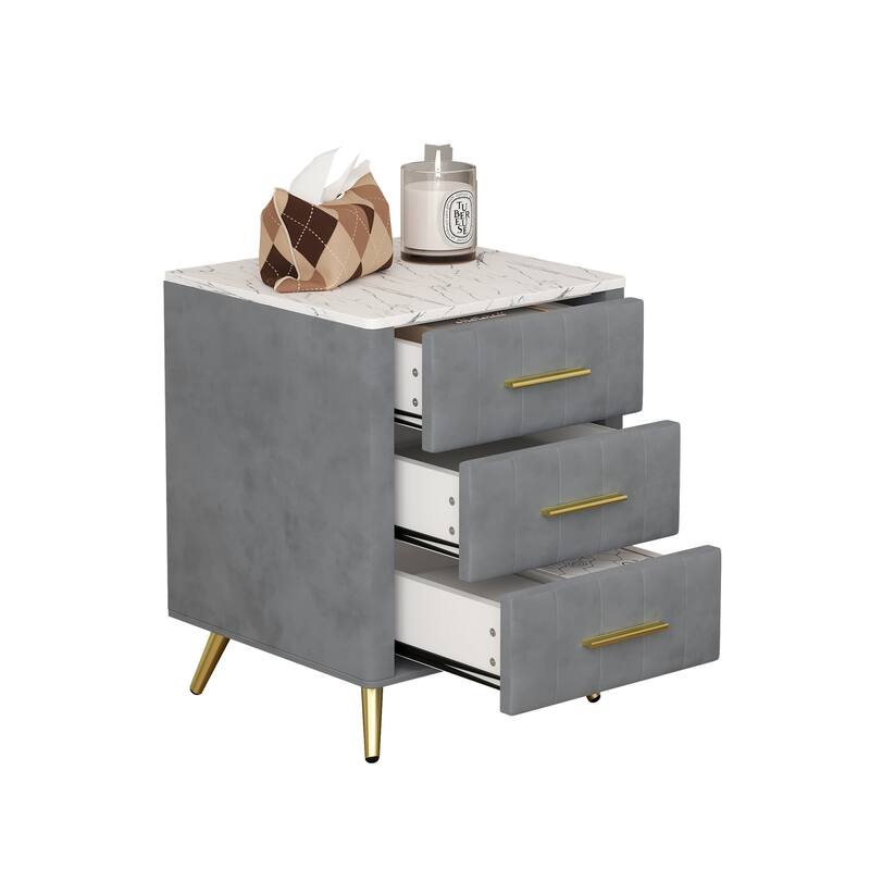 Upholstered Wooden Nightstand with 3 Drawers and Metal Legs&Handles, Bedside Table with Marbling Stickers Worktop - Grey