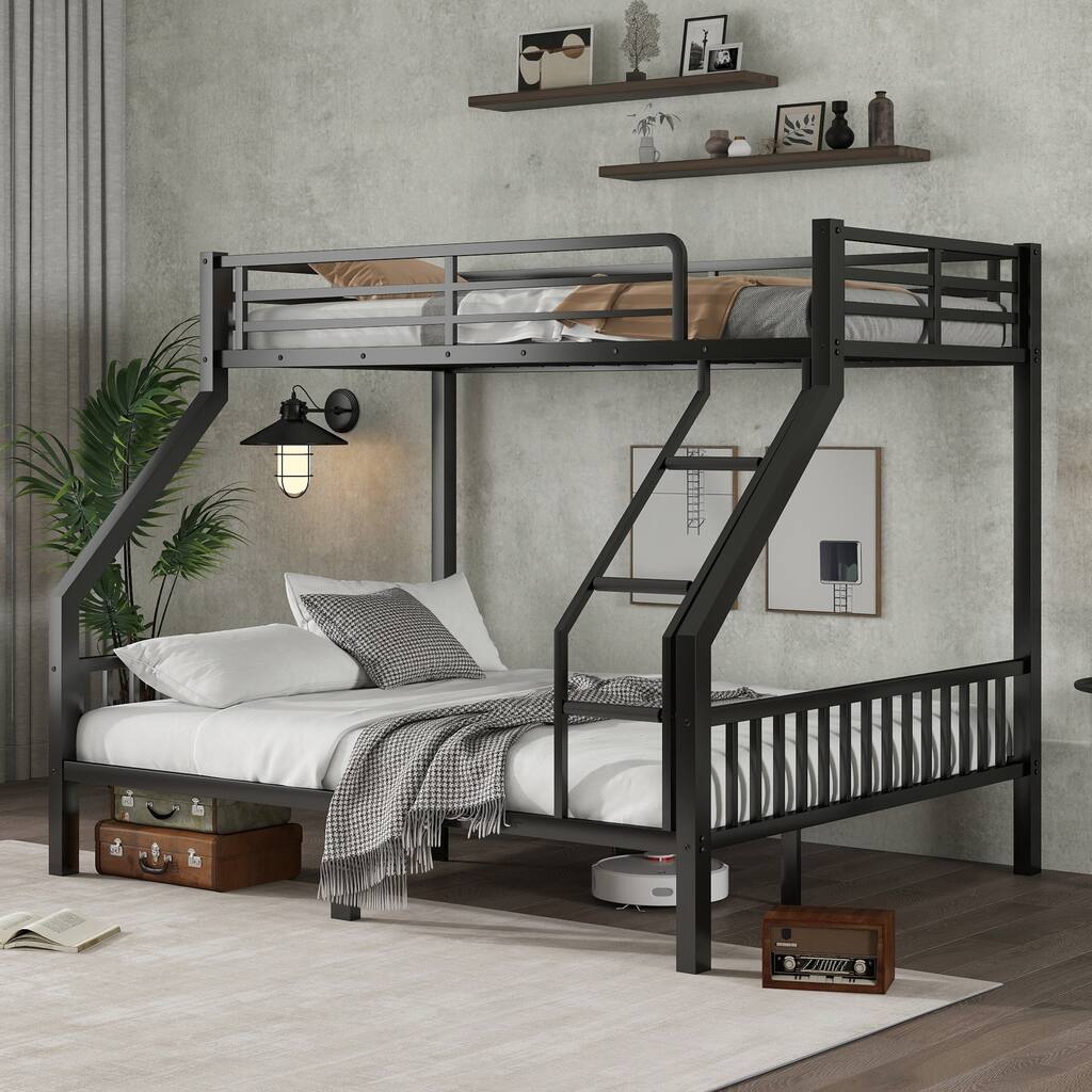 Heavy-Duty Full XL Over Queen Bunk Bed with Ladder & Guardrails, Noise-Free Metal Frame with Slat Support
