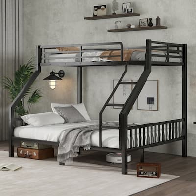 Twin XL Over Queen Metal Bunk Bed with Ladder and Slats Support for Adults Teens, Black, (Old SKU W2580S00003)