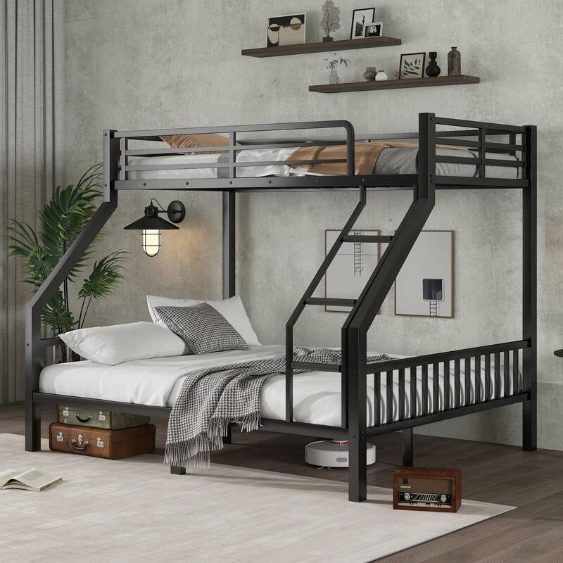 Twin XL Over Queen Metal Bunk Bed with Ladder and Slats Support for Adults Teens, Black - Black