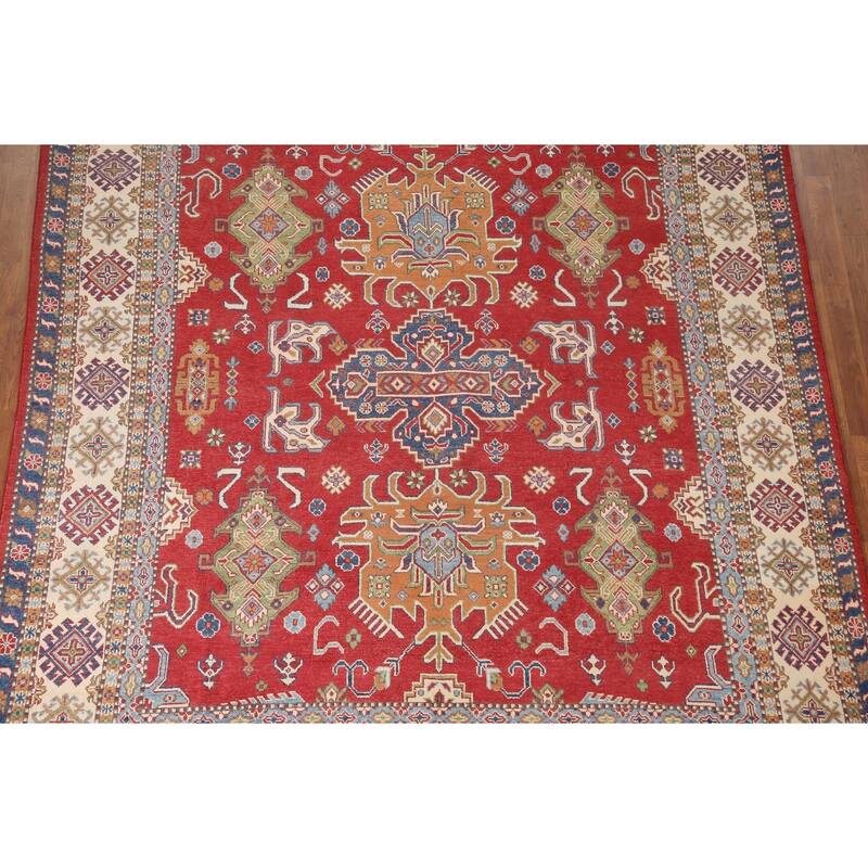 Geometric Kazak Oriental Area Rug Handmade Red Wool Carpet - 8'0" x 9'8"