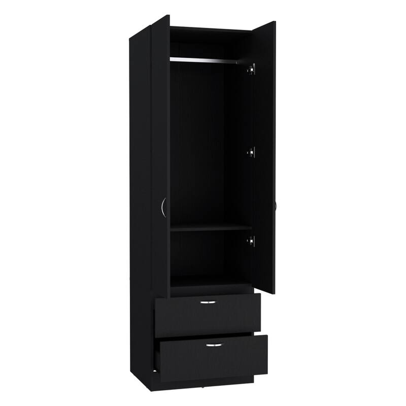 19.5" Modern Double-door Armoire with Hanging Rod, One Shelf and Two Exterior Drawers