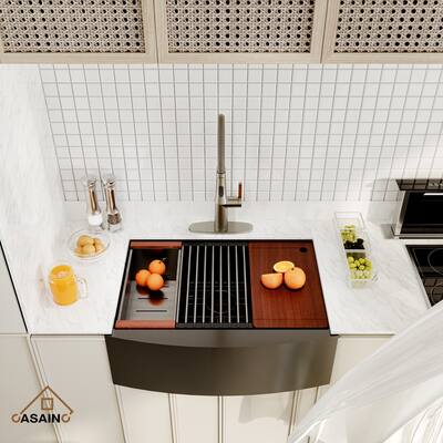 Stainless Steel 30 in. Single Bowl Farmhouse Apron Workstation Kitchen Sink with Brushed Nickel Faucet and Accessories