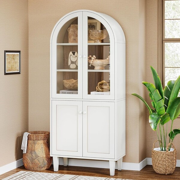 5-Tier White Wood Farmhouse Arch Storage Cabinet, 68 Inches