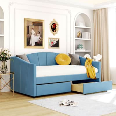 Twin Size Upholstered Daybed with 2 Storage Drawers, Elegant Sofa Bed Day Bed Frame with Wood Slat Support for Bedroom