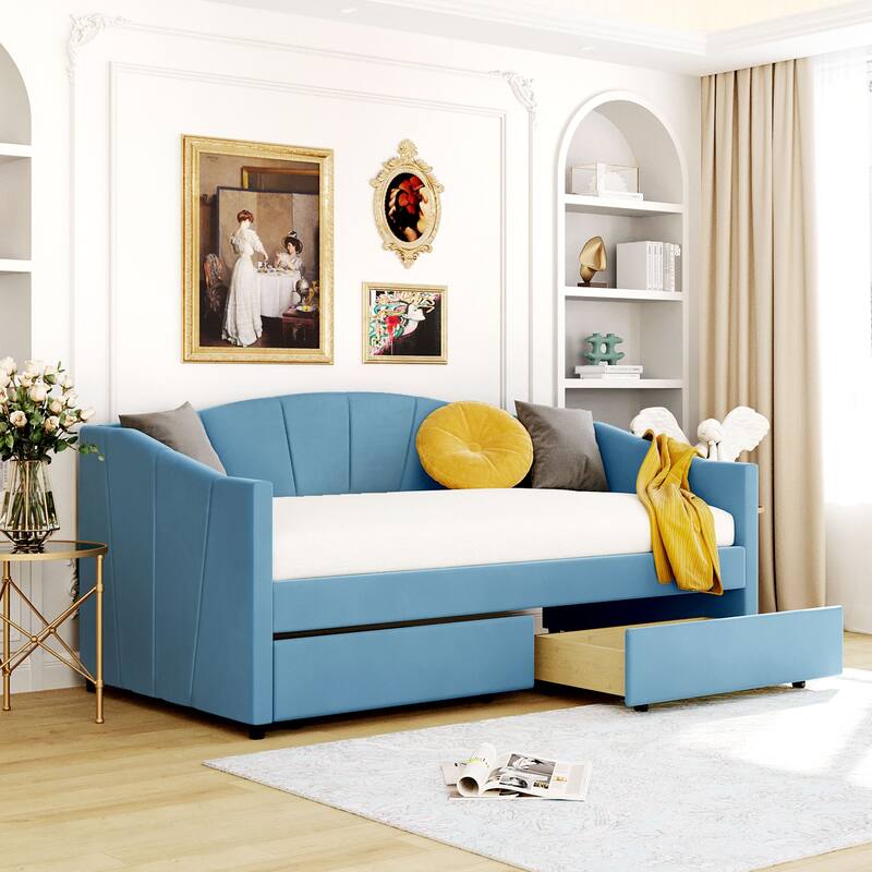 Velvet Upholstered Daybed Twin Size with 2 Drawers or Trundle - Blue- 2 Drawers - Twin