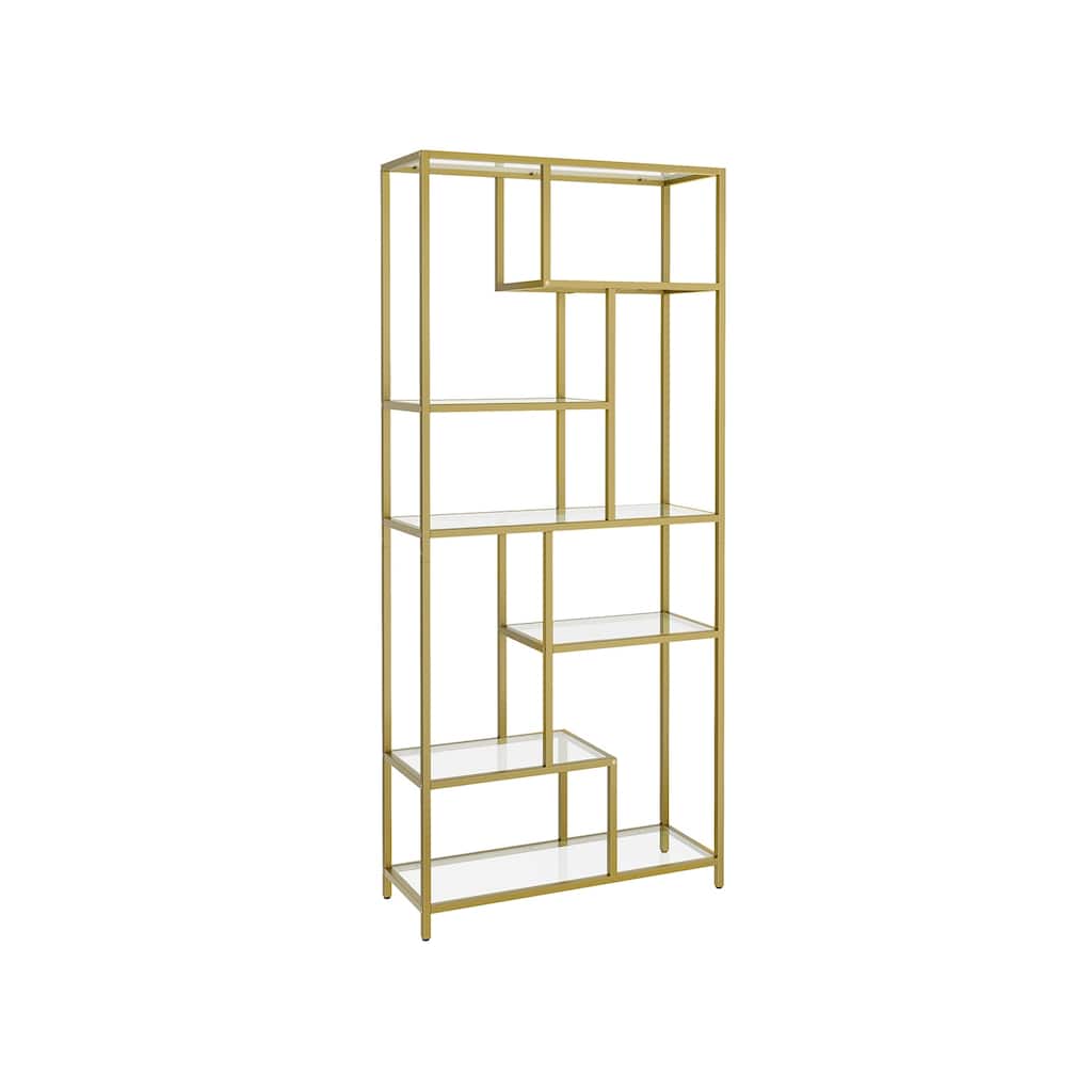 6-Tier Modern Metallic Gold Steel and Tempered Glass Bookshelf for Home Office or Living Room Storage