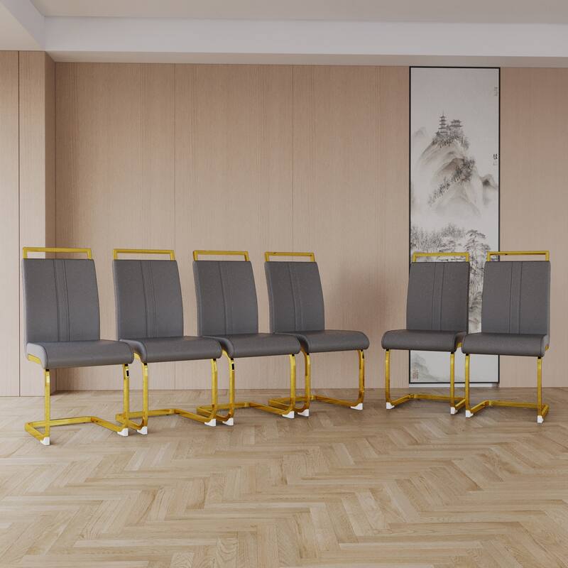 Modern Dining Chair, PU Faux Leather High Back Upholstered Side Chair with C-Shaped Base, for Dining Rooms, Gray, 2-Piece Set