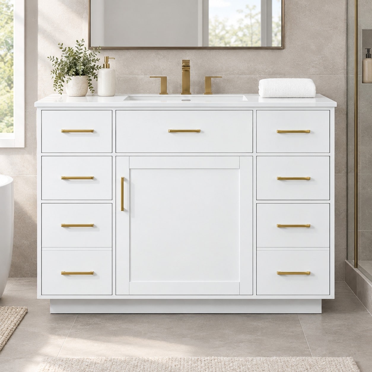 48" Bathroom Vanity with Sink, 7 Drawers, Soft-Close Cabinet Door and Gold Handles