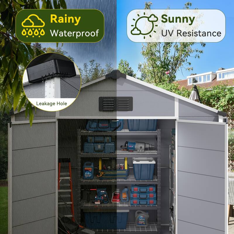 EROMMY Outdoor Storage Shed with Built-In Floor, Lockable Double Doors & Sloped Roof, Gray/Black
