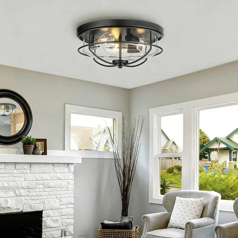 Flush Mount Ceiling Light Industrial Farmhouse Fixture with Seeded Glass Shade