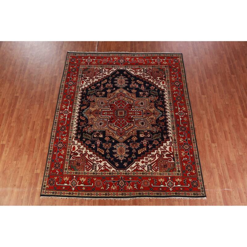 Hand Knotted Oriental 100% Wool Carpet Traditional Medallion Navy Blue & Blues Heriz (serapi) Area Rug - 9' 10'' X 8' 2''