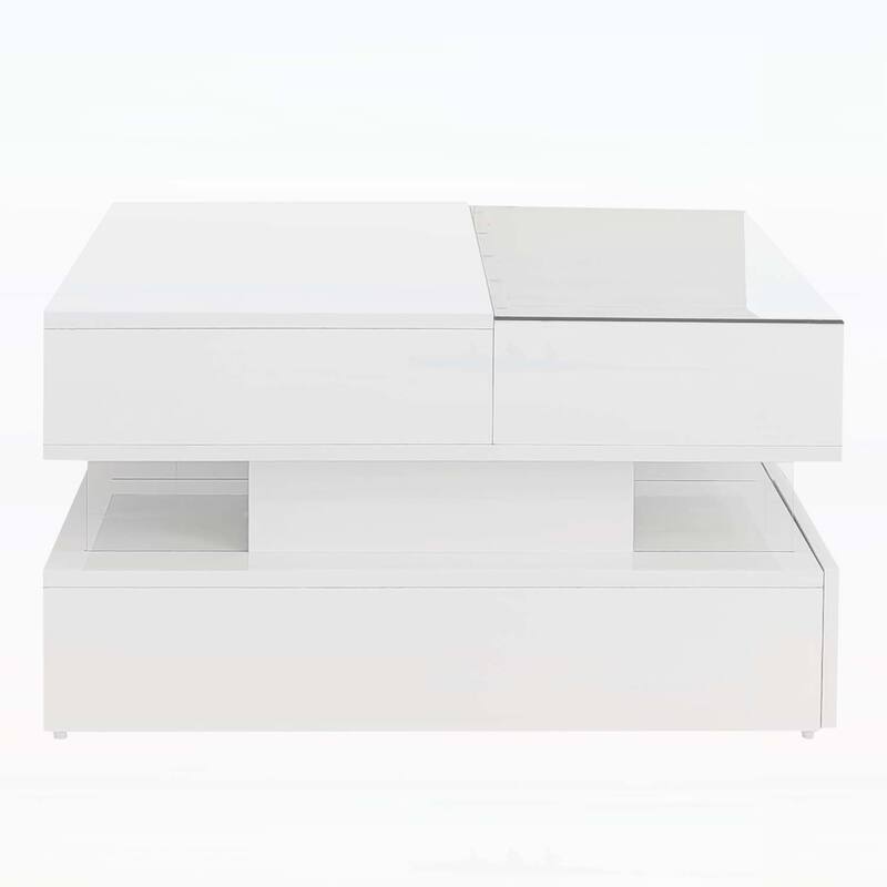 Lift-Top Coffee Table with 2 Drawers,Glass Top and High-Gloss Finish,Hidden Storage and LED Lights for Living Room