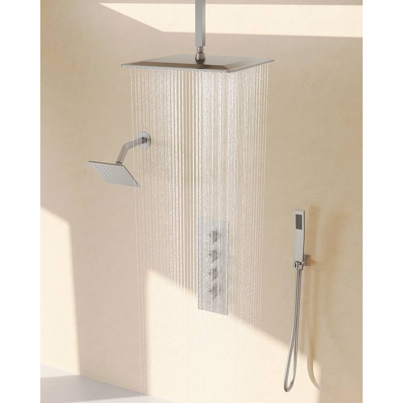 Dual Heads 16" Rainfall & High Pressure 6" Shower System w/ 3 Way Thermostatic Faucet 