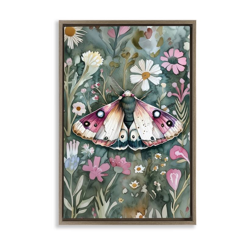 Stupell Beautiful Moth over Florals Framed Floater Canvas Wall Art Design By The Dutch Lady - 21 x 31 - Brown