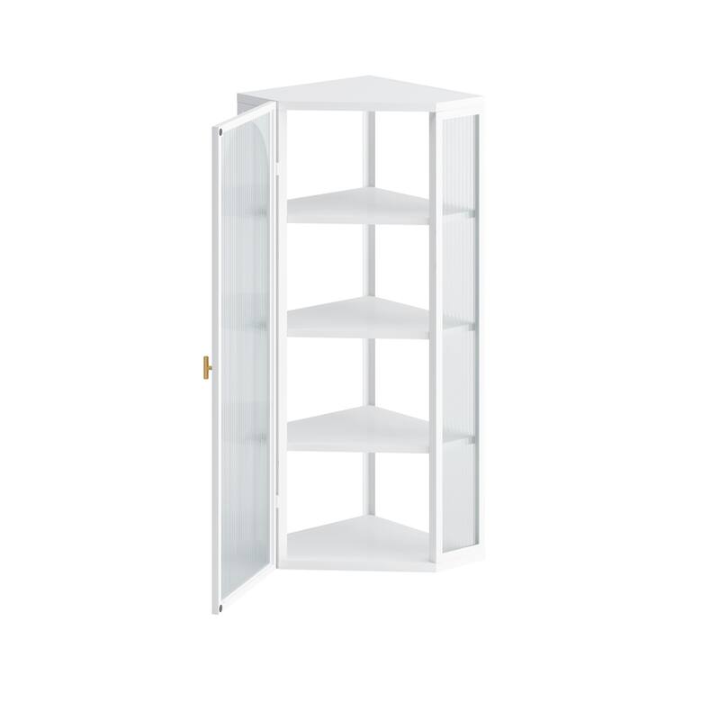 Glass Door Wall Mounted Corner Cabinet w/ Featuring Four-tier Storage