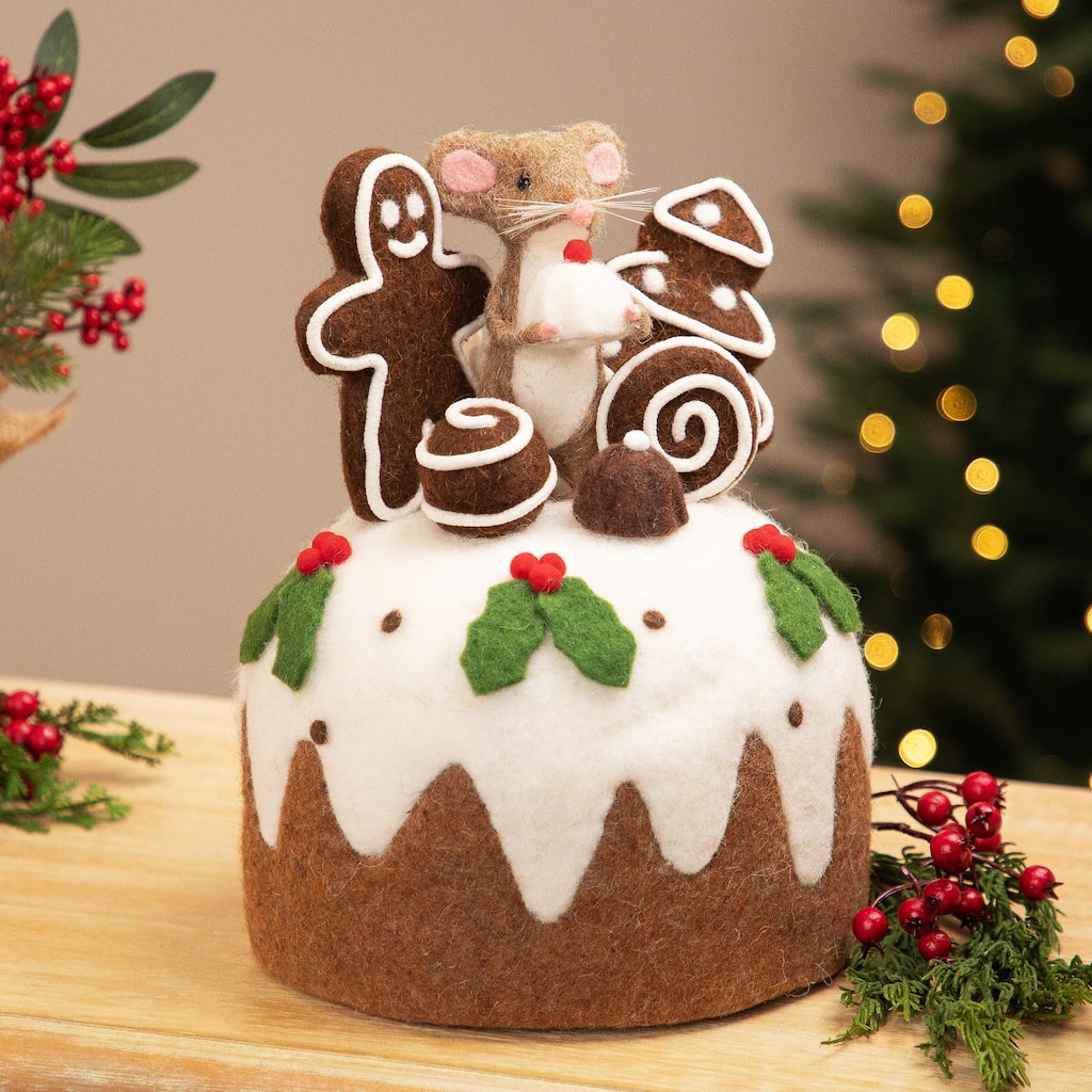 Mouse and Gingerbread Man Cake Christmas Decoration - 11" - Brown and White