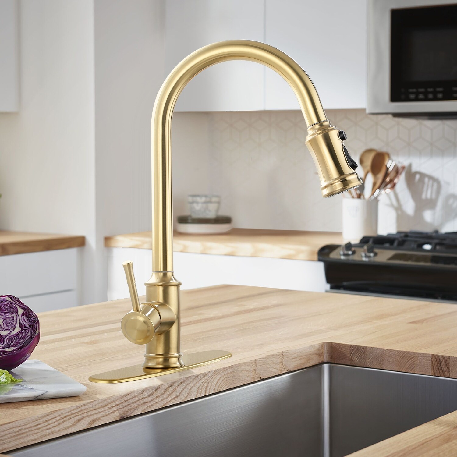 Mid-Century Touch Kitchen Sink Faucet w/Gold Brush Pull Down Spraye Faucet  for Kitchen，Matte Kitchen Sink Faucet With Pull Down