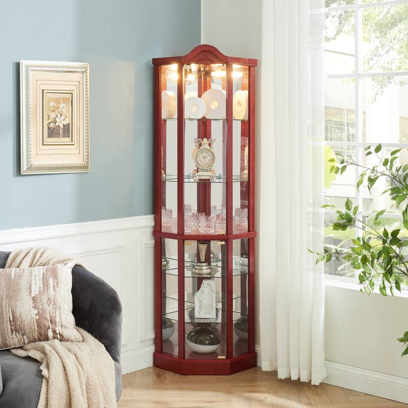 Corner Decoration Display Cabinet with Light, Adjustable Glass Shelves & Door