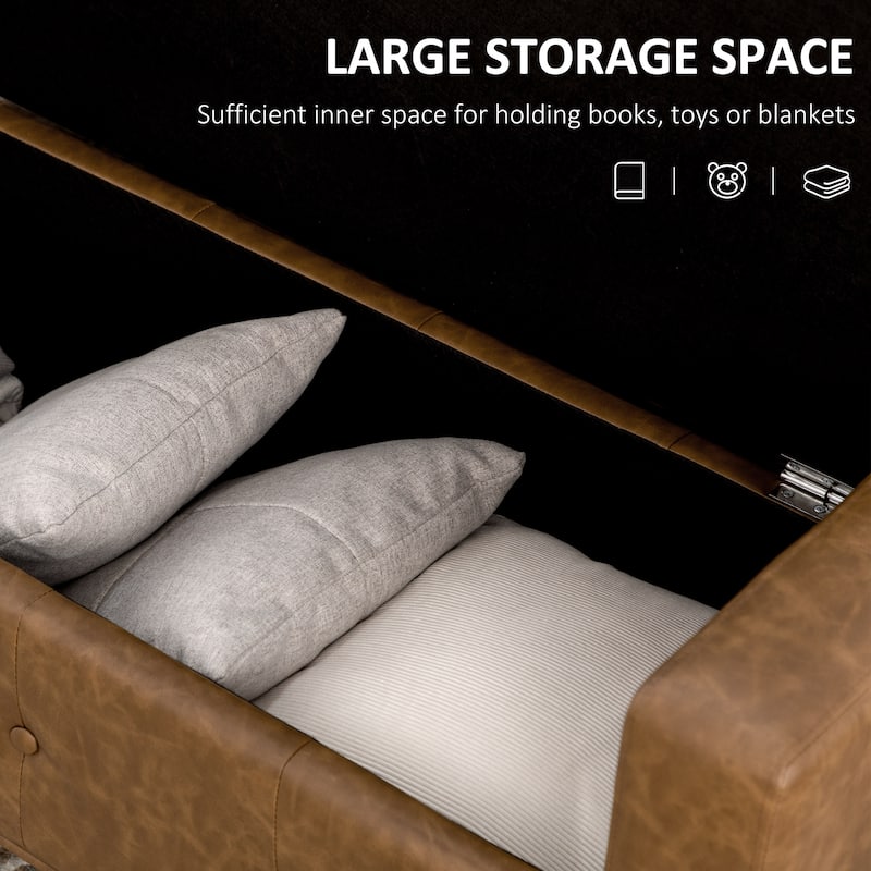 HOMCOM Rectangular Storage Ottoman Bench, Button Tufted Faux Leather Upholstered Footstool with Soft Closing Hinged Lid