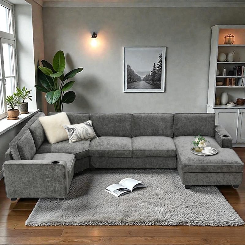 119" U-Shaped Sectional Sofa with Cup Holders, 6 Seat Chenille Corner Couch, Oversized Chaise Lounge