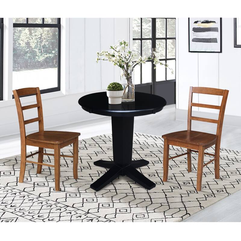 30 in Solid Wood Round Top Pedestal Dining Table with 2 Dining Chairs in Black/Distressed Oak