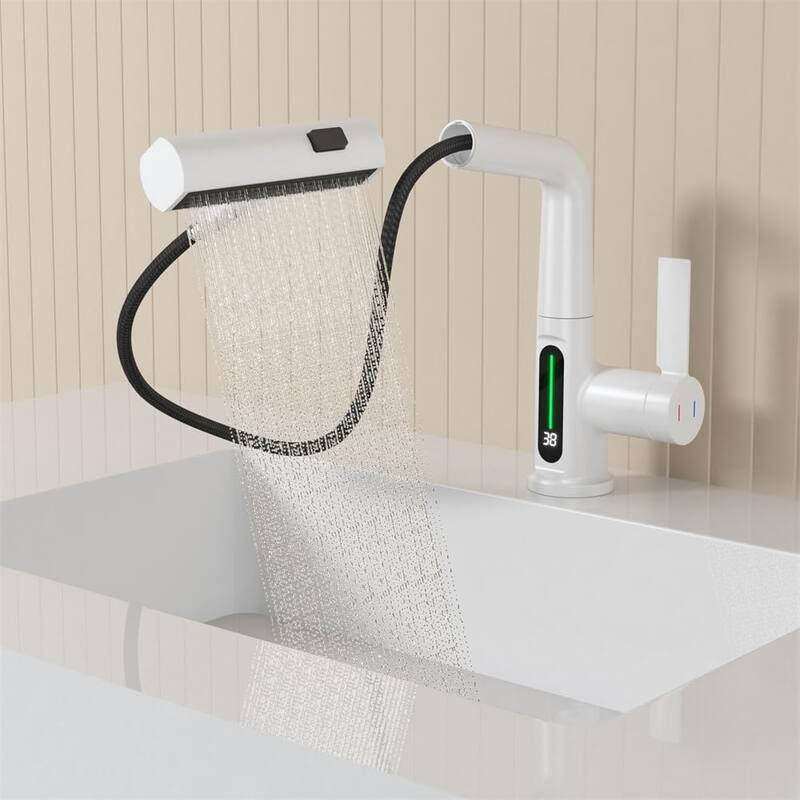 Pull Out Lift Bathroom Sink Faucet with LED Temperature Digital Display and 3 Water Spray Modes, Corrosion Resistant - White