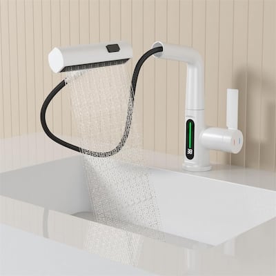 Pull Out Lift Bathroom Sink Faucet with LED Temperature Digital Display and 3 Water Spray Modes, Corrosion Resistant