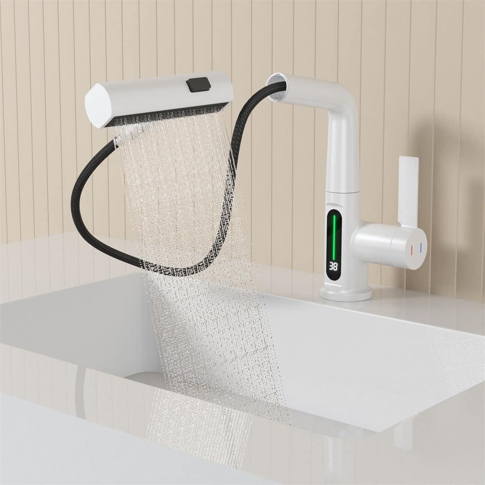 Pull Out Lift Bathroom Sink Faucet with LED Temperature Digital Display and 3 Water Spray Modes, Corrosion Resistant