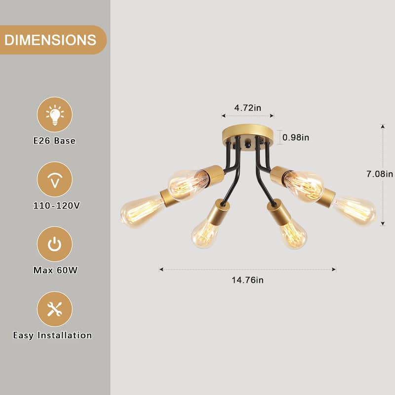 6-Light Modern Sputnik Light Fixture Semi Flush Mount Ceiling Lighting - 14.76' W