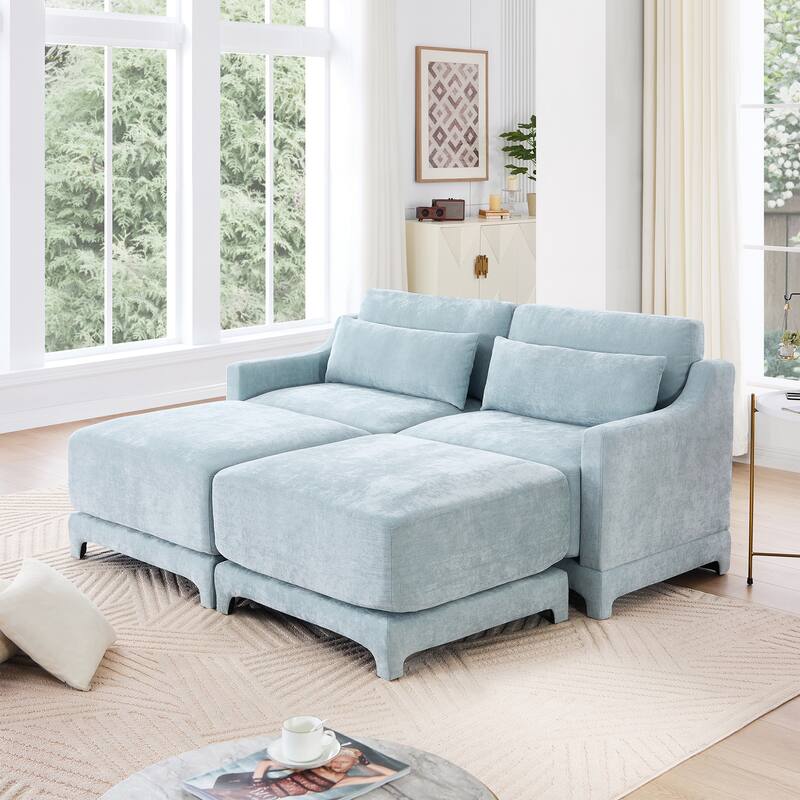 73.2" Chenille 2-Seater Sofa with Ottoman, 2 Pillows & Solid Wood Frame - Sky Blue