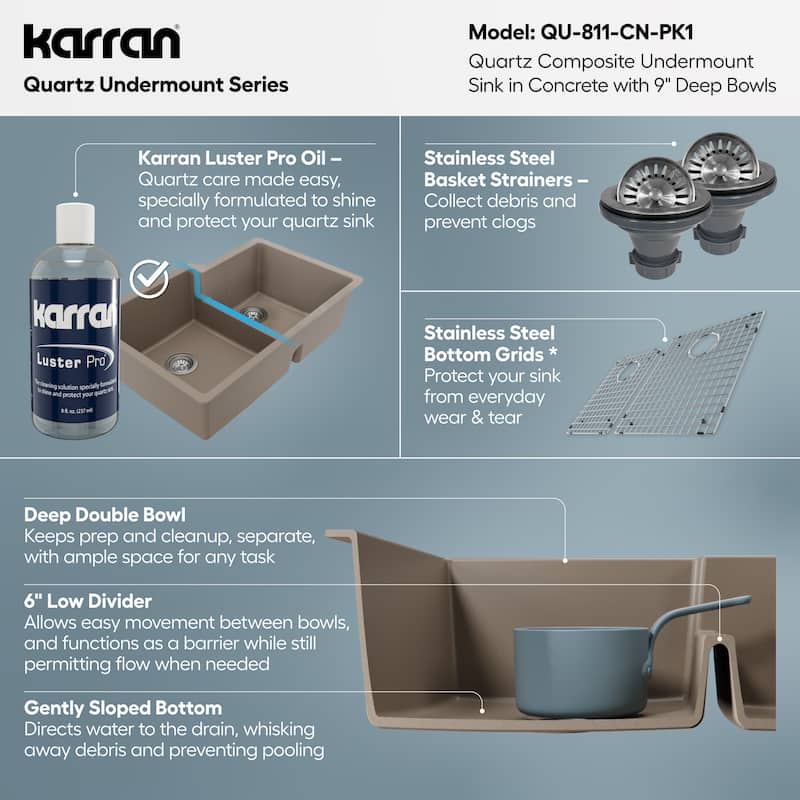 Karran 32" Undermount Large/Small Bowl Quartz Kitchen Sink Kit - 32" x 21.25" x 9"